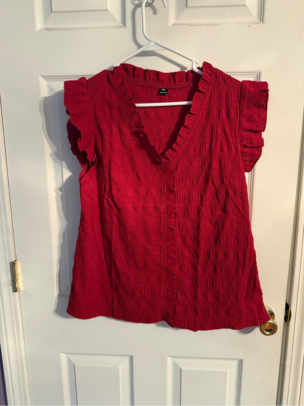 SHEIN Textured Ruffle V-Neck Blouse - Red